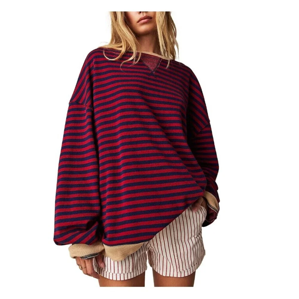 We The Free Classic Striped Oversized Crewneck Red Navy Stripe Size Large